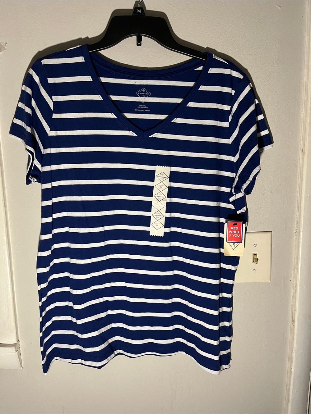 St. John's Bay Navy & White Striped V-Neck Tee